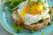 © LimeSky - Close up high quality photo of poached or Benedict egg with toast on turquoise plate with pea greens