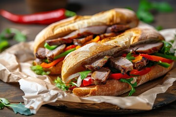 Wall Mural - Close up of Banh mi sandwich with grilled pork peppers salad on plate