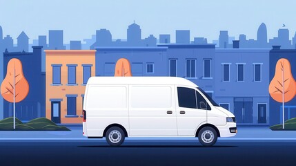 delivery van in residential area, flat design illustration