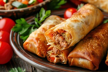 Canvas Print - Close up of meat cheese and pickled cucumber egg roll on a plate with tomatoes on the table