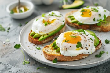 Wall Mural - Close up of poached eggs and avocado on toast on a gray table