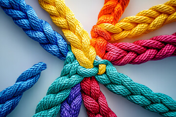 A group of colorful ropes coming together to form a direction arrow. Teamwork concept