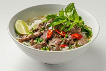 Wall Mural - Close up of Vietnamese Pho Bo Soup with beef rice noodles ginger lime chili pepper in white bowl