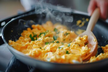 Sticker - Close up of woman frying scrambled eggs