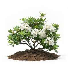 Wall Mural - White Azalea Bush With Green Leaves in Soil Against a White Background