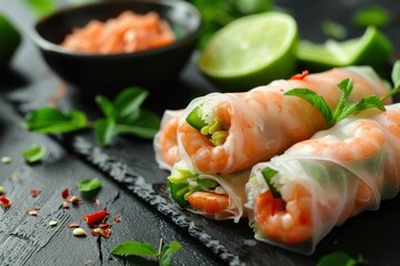 Closeup of appetizing spring rolls and lime on table