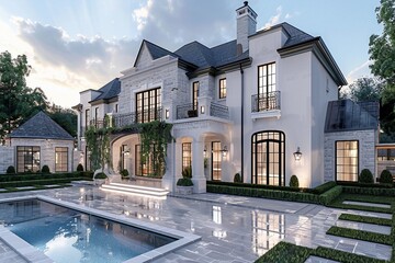 Wall Mural - Luxurious Modern Mansion with Swimming Pool and Landscaping