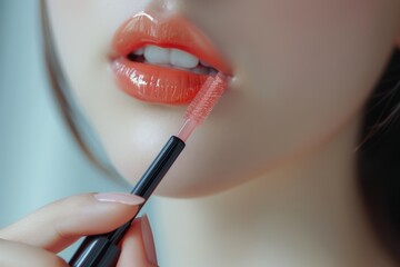 Wall Mural - Closeup of young woman applying lipgloss on a light background