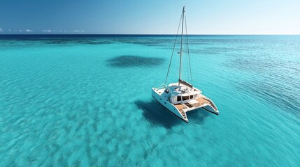 Canvas Print - Aerial view of a catamaran sailing on crystal clear turquoise waters of the ocean under a clear blue sky.