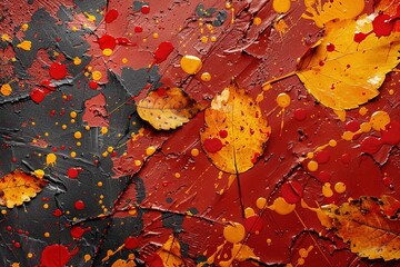 Wall Mural - Abstract background featuring splashes of orange, red, and yellow paint on a textured surface, creating a bold and seasonal design with hints of acorns and leaves, bright and stark lighting, 