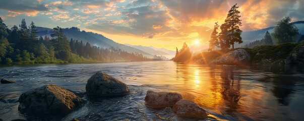 Wall Mural - Scenic view of a river at sunset, 4K hyperrealistic photo