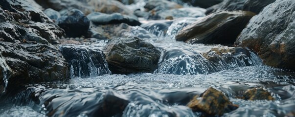 Canvas Print - Rocky mountain stream with cascading water, 4K hyperrealistic photo