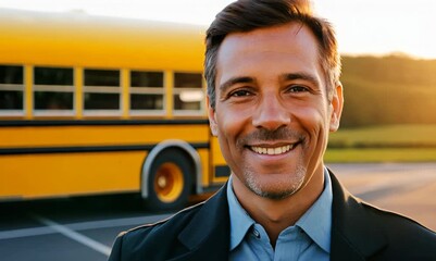 Poster - Portrait of a smiling businessman standing in front of a school bus