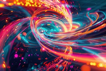 Wall Mural - Vibrant abstract digital art with swirling neon colors of pink, blue, orange, and purple in dynamic flowing patterns