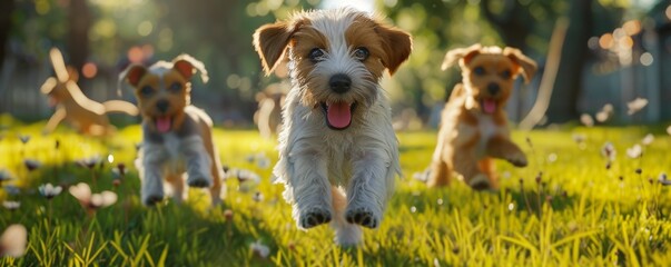 Playful puppies running through a park, 4K hyperrealistic photo