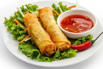 Poster - Crispy vegetable spring roll with Thai chili sauce on white plate appetizer in Hong Kong cafe menu