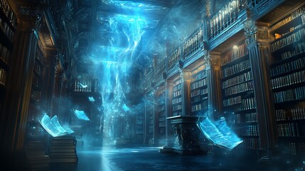 Wall Mural - ethereal glowing library with floating books and mystical guardians, illuminated by celestial light,