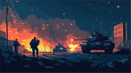 Illustration on the theme of war. Conflict, destruction, battlefield.