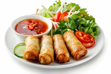 Poster - Deep fried vegetable spring roll with Thai chili sauce on white plate for Hong Kong cafe menu