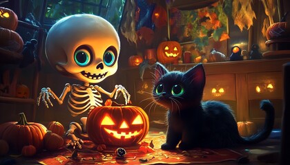 Skeleton and Black Cat with Jack-o'-Lanterns for Halloween