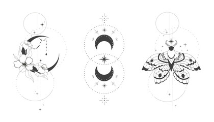 magic mystic set moth tattoo thin line in doodle style moon and flowers tattoo, elegant celestial is