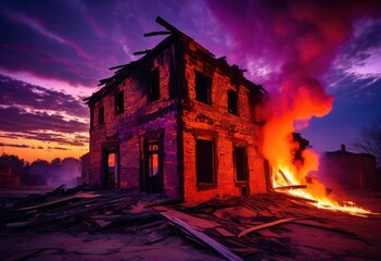 Wall Mural - intense blaze engulfing abandoned structure dusk fiery flames dramatic shadows casting haunting glow, fire, smoke, building, ruins, night, heat, embers