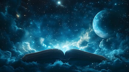 Poster - book with pages depicting a celestial sky filled with stars and planets. The background is a deep midnight blue, emphasizing the cosmic theme