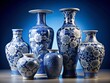 © Wanlop - intricate and detailed still life of blue and white porcelain vases against a subtle gradient background with a sense of elegance and refinement