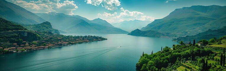 Wall Mural - Picturesque View of Lake Como With Mountains and a Boat in the Distance on a Sunny Day