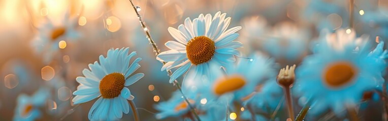 Wall Mural - Blue Daisies Blooming in a Field at Sunset