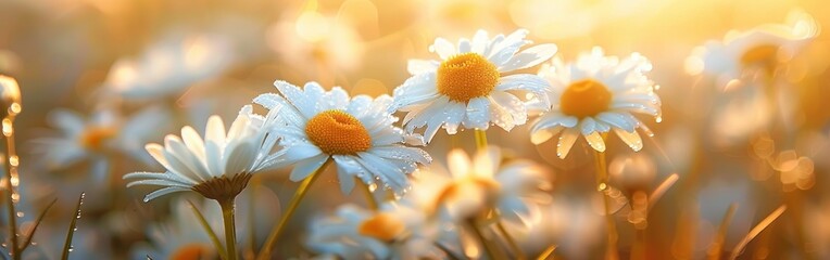 Wall Mural - Dew-Covered Daisies Glowing in the Morning Sun