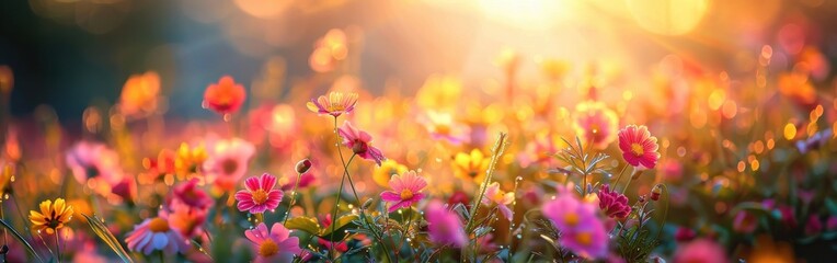 Wall Mural - Vibrant Wildflowers Blooming in a Sunlit Meadow at Sunset