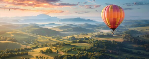 Wall Mural - Hot air balloon ride over picturesque landscapes, 4K hyperrealistic photo