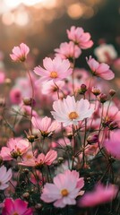 Wall Mural - Pink Cosmos Flowers Blooming in a Field at Sunset