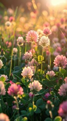 Wall Mural - Pink And White Clover Flowers Blooming In Summer Sunlight