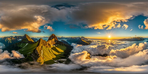 Wall Mural - Full 360 degrees seamless spherical panorama HDRI equirectangular projection of majestic mountain ranges, swirling . Texture environment map for lighting and reflection source rendering 3d scenes.	
