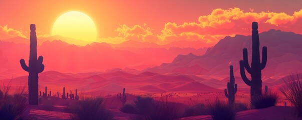 Wall Mural - desert sunset with silhouettes of cacti, 4k hyperrealistic photo