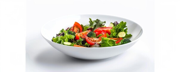 Wall Mural - White porcelain dish with salad on white background, 4K hyperrealistic photo