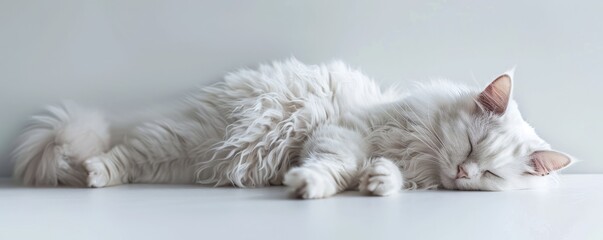 Wall Mural - White fluffy cat on white background, 4K hyperrealistic photo