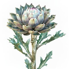 Wall Mural - A Single Artichoke Flower in Bloom Against a White Background