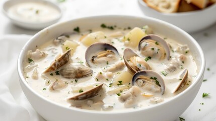 Wall Mural - A white bowl filled with a creamy soup with clams and potatoes