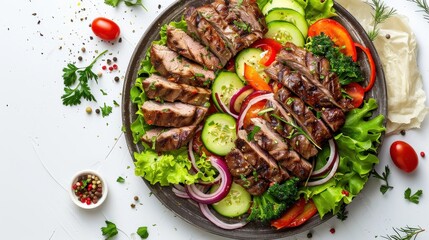 Wall Mural - A plate of meat and vegetables with a white background