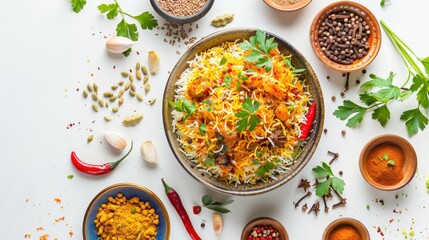 Wall Mural - A bowl of rice with a variety of spices and herbs on a white background