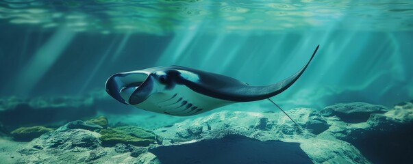 Majestic manta ray gliding over the ocean floor, 4K hyperrealistic photo