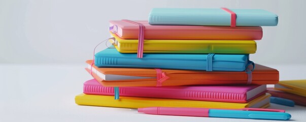 Wall Mural - Stack of colorful journals with pens and highlighters on white background, 4K hyperrealistic photo