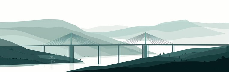 Poster - Silhouette of a Suspension Bridge Over Mountains and Water