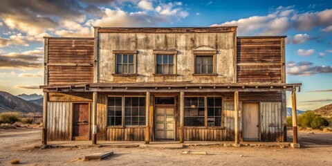 weathered saloon facade with faded signage and broken windows in desert landscape color distressed earthy tones