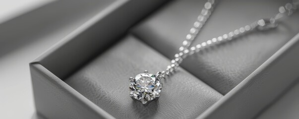 Wall Mural - Shiny diamond necklace in a box on white background, 4K hyperrealistic photo