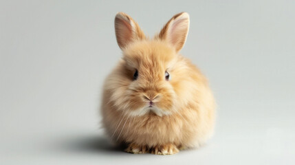 Wall Mural - A brown fluffy rabbit is looking at the camera on a white background.