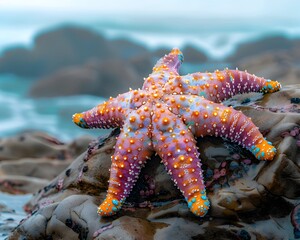 Wall Mural - Vibrant Sea Star Clinging to a Rocky Marine Habitat with Vivid Textures and Colors